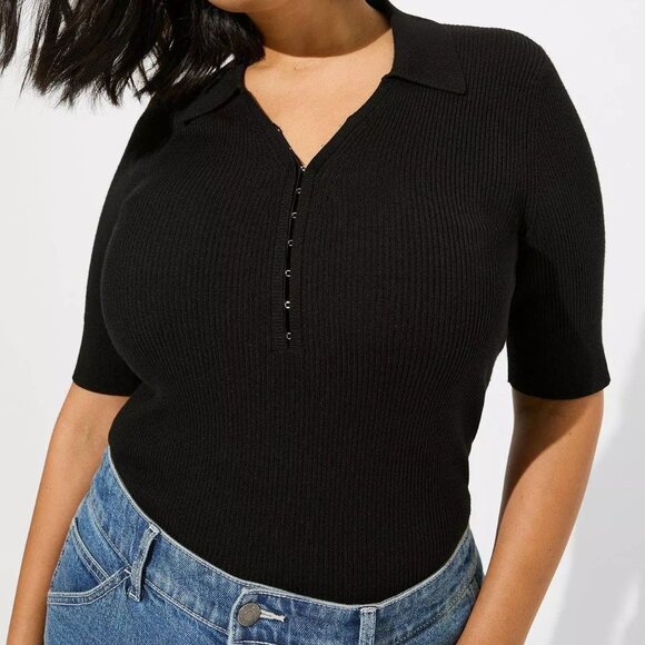 Torrid Fitted Ribbed Polo Sweater Black Size 4 4X V-Neck Elbow Half Sleeve - Picture 1 of 5